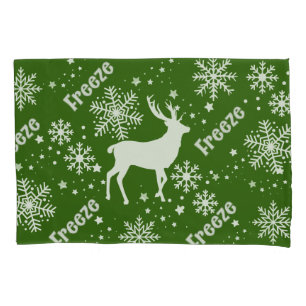 snowflakes deer green pillow case