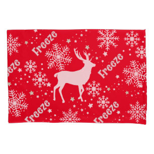snowflakes deer red pillow case