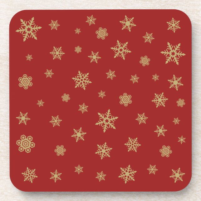 Snowflakes Design Gold on Red Beverage Coaster (Front)