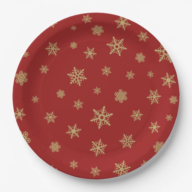 Snowflakes Design Gold on Red Paper Plates (Front)