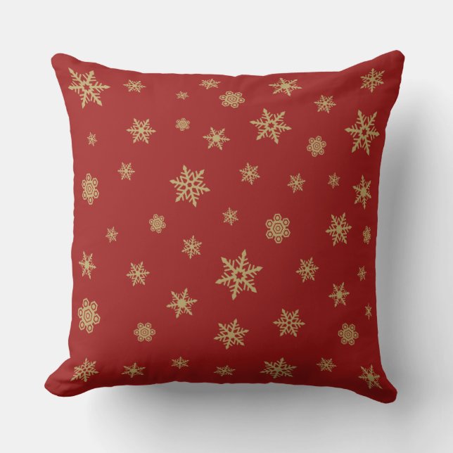 Snowflakes Design Gold on Red Throw Pillow (Front)