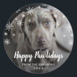Snowflakes Dog Photo Cute Christmas Classic Round Sticker<br><div class="desc">Cute Christmas gift label sticker featuring a simple design with snowflakes surrounding your favorite photo of your dog.  The bottom has the greeting "Happy Pawlidays" in a modern chalk script along with your family name and the year.</div>