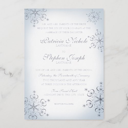 Snowflakes Dusty Blue Wedding Silver Foil Invitation