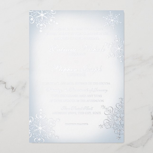 Snowflakes Dusty Blue Wedding Silver Foil Invitation (Front)