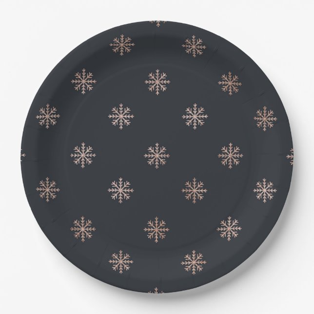 Snowflakes Elegant Black and Gold Christmas Paper Plates (Front)