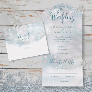 Snowflakes Elegant Script Winter Wedding All In One Invitation