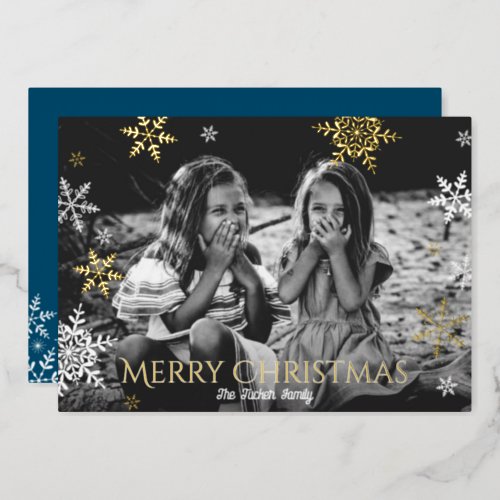 Snowflakes Falling Full Photo Blue Christmas Gold Foil Holiday Card