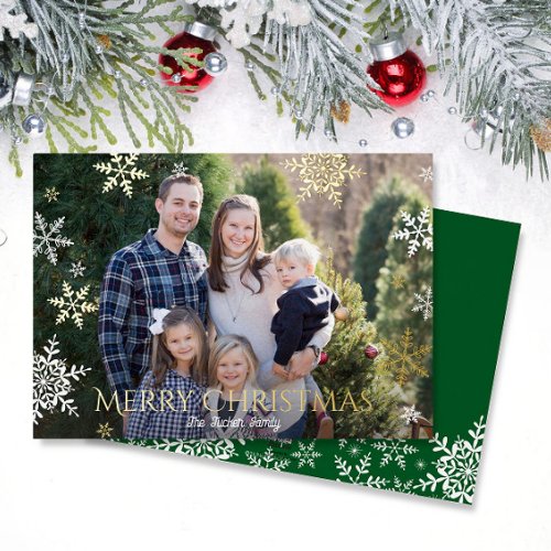 Snowflakes Falling Full Photo Green Christmas Gold Foil Holiday Card