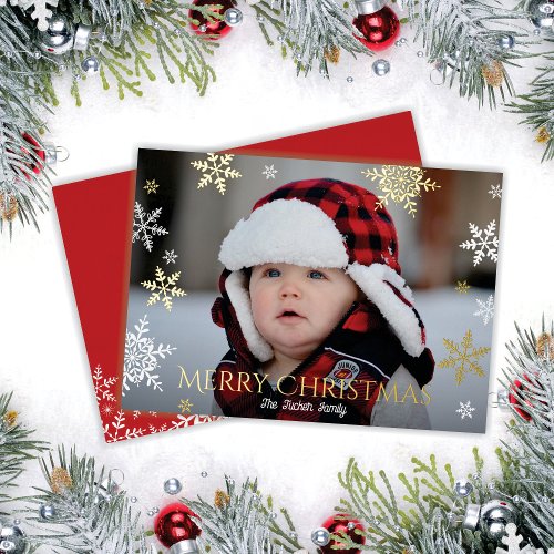 Snowflakes Falling Full Photo Red Christmas Gold Foil Holiday Card