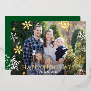 Snowflakes Falling Happy Holidays Green Gold Foil Holiday Card
