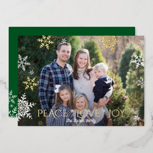 Snowflakes Falling Peace Love Joy Green Photo Gold Foil Holiday Card