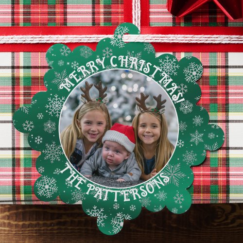 Snowflakes Family Photo Green Paper Ornament Card