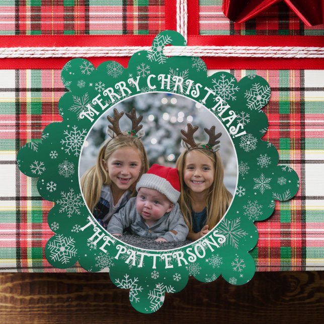 Snowflakes Family Photo Green Paper Ornament Card (Hang these ornaments on a Christmas tree or use them as a unique gift tag to your loved ones.)