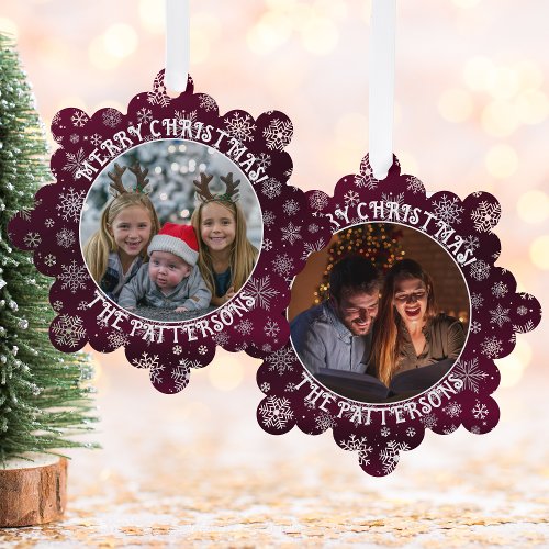 Snowflakes Family Photo Red Paper Ornament Card