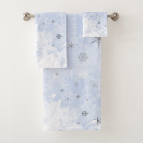 Snowflakes faux metal on baby blue pastel color bath towel set