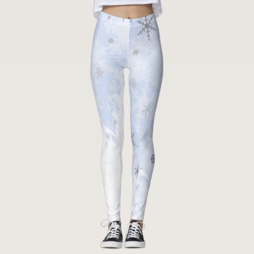 Snowflakes faux metal on baby blue pastel color leggings