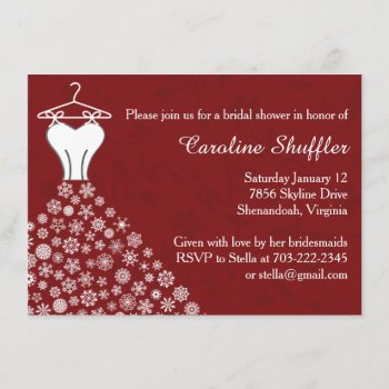 Snowflakes Festive Red Wedding Dress Bridal Shower Invitation by bridalwedding at Zazzle