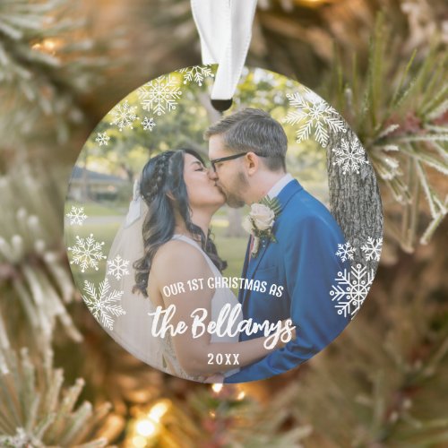 Snowflakes First Christmas As Married Last Name Ornament