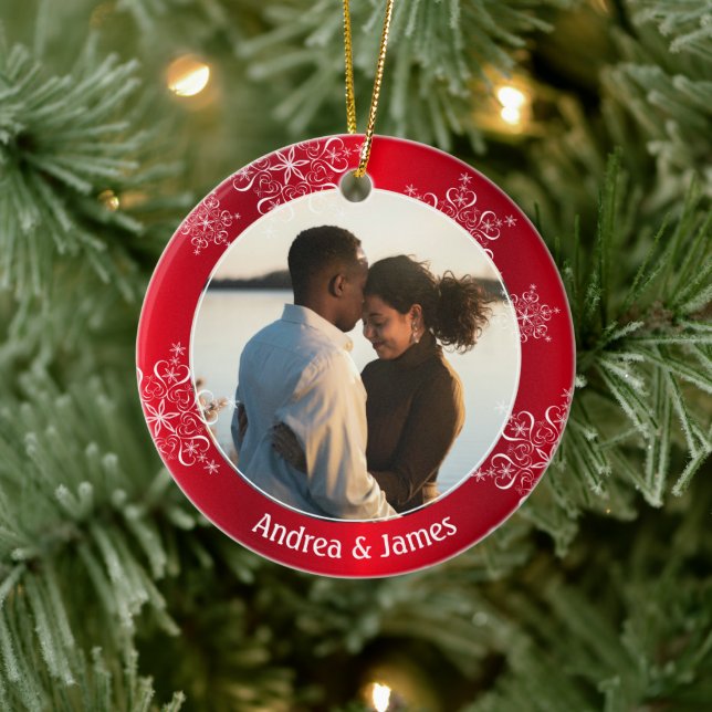 Snowflakes First Christmas Red Frame Ceramic Ornament (Tree)