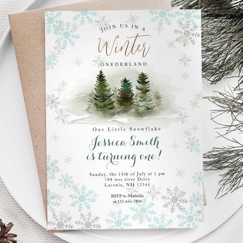 Snowflakes Forest Rustic Onederland 1st birthday Invitation