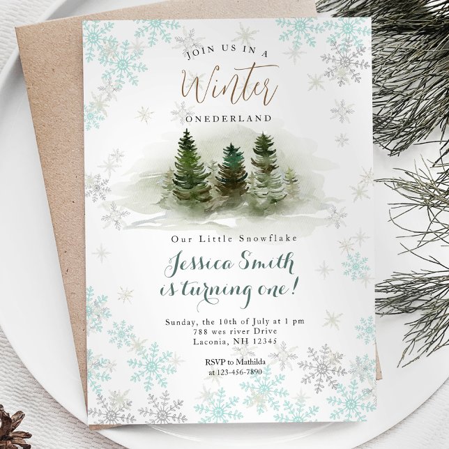 Snowflakes Forest Rustic Onederland 1st birthday Invitation (Creator Uploaded)