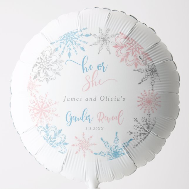 Snowflakes gender reveal he or she balloon (Front)