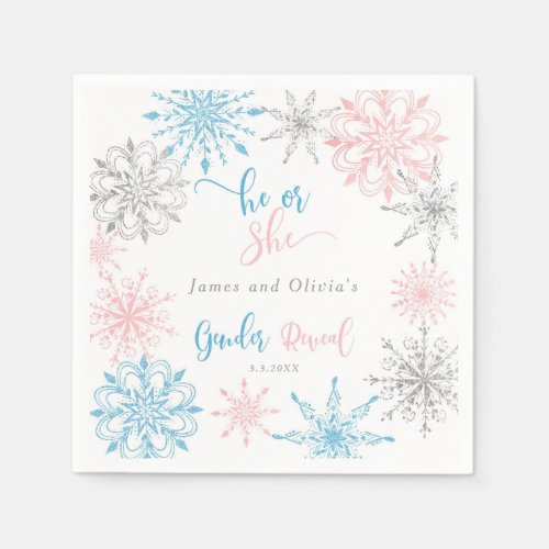 Snowflakes gender reveal he or she napkins