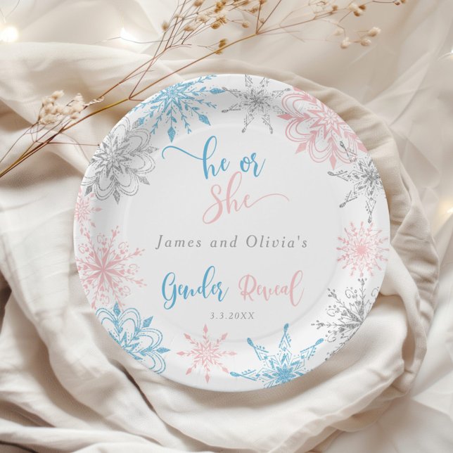 Snowflakes gender reveal he or she paper plates (Creator Uploaded)