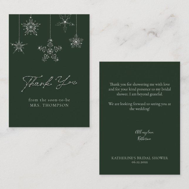 Snowflakes Glitter Green Winter Bridal Thank You Note Card (Front/Back)