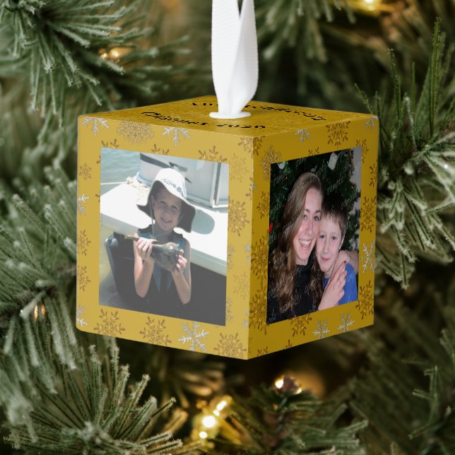 Snowflakes Gold Christmas Photos Cube Ornament (Tree)