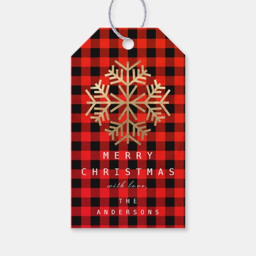 Snowflakes Gold Merry Happy Holiday Buffalo Check Gift Tags