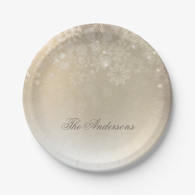Snowflakes Gold Personalized Holida | Paper Plates (Front)