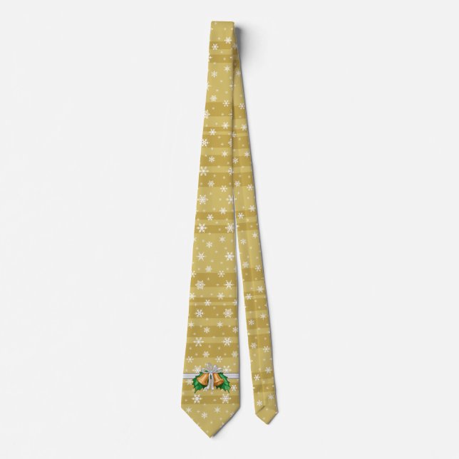 Snowflakes Gold Stripes White Ribbon Holly Neck Tie (Front)
