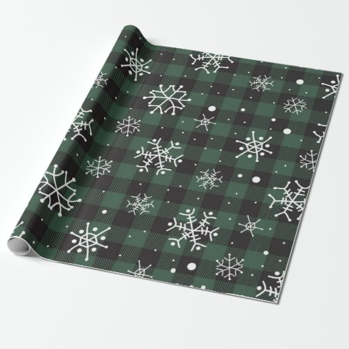 Snowflakes Green Black Buffalo Plaid Wrapping Paper