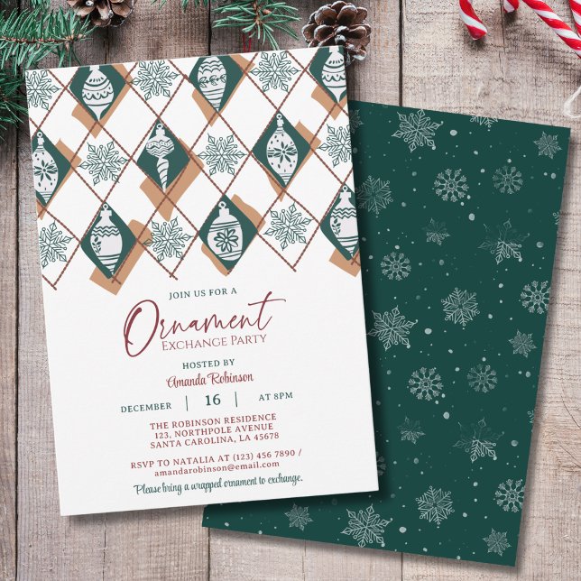 Snowflakes Green Ornament Christmas Exchange Party Invitation (Creator Uploaded)