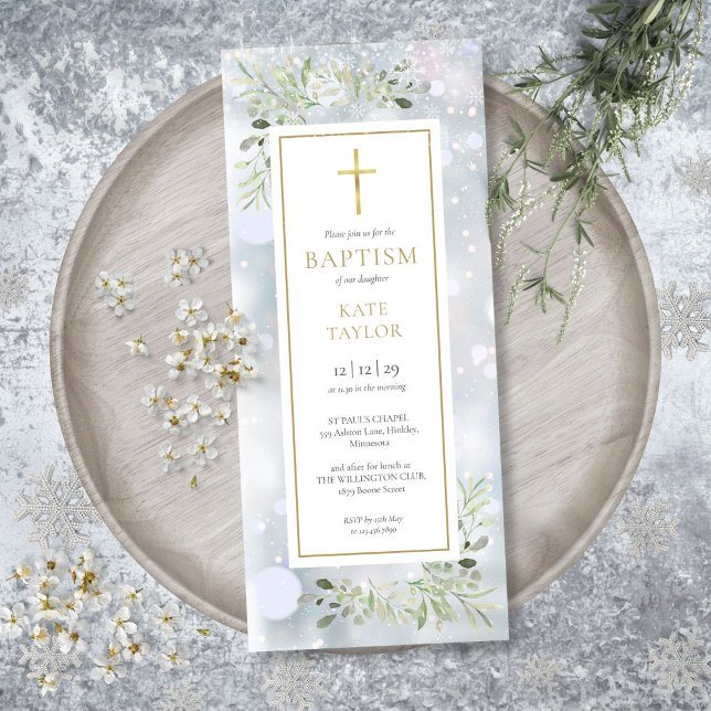 Snowflakes Greenery Winter Baptism Christening Inv Invitation (Snowflakes Greenery Winter Baptism Christening Inv Invitation)