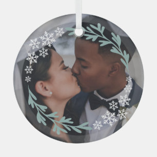 Snowflakes & Greenery Wreath Your Photo Glass Ornament