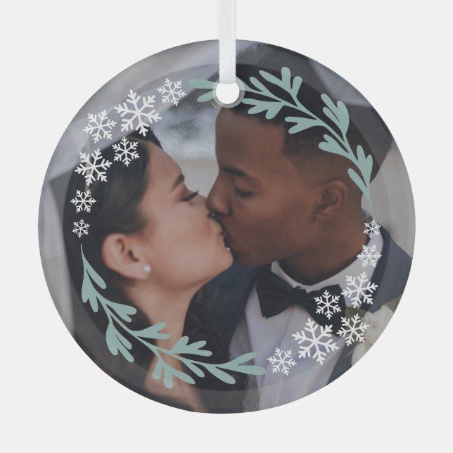 Snowflakes & Greenery Wreath Your Photo Glass Ornament (Front)