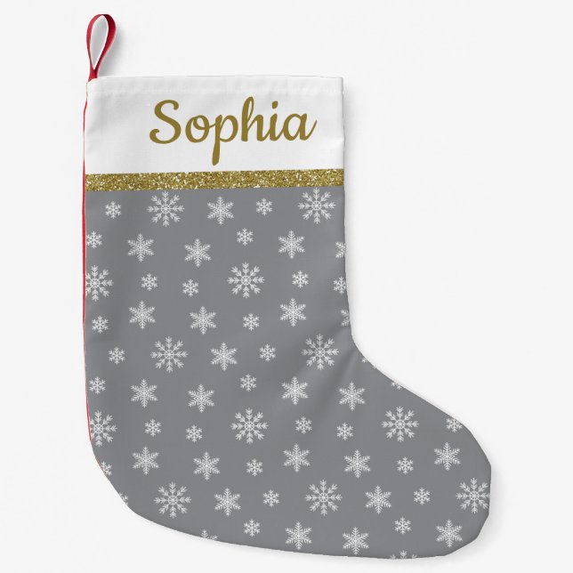 Snowflakes Grey pattern personalized name Small Christmas Stocking (Front)