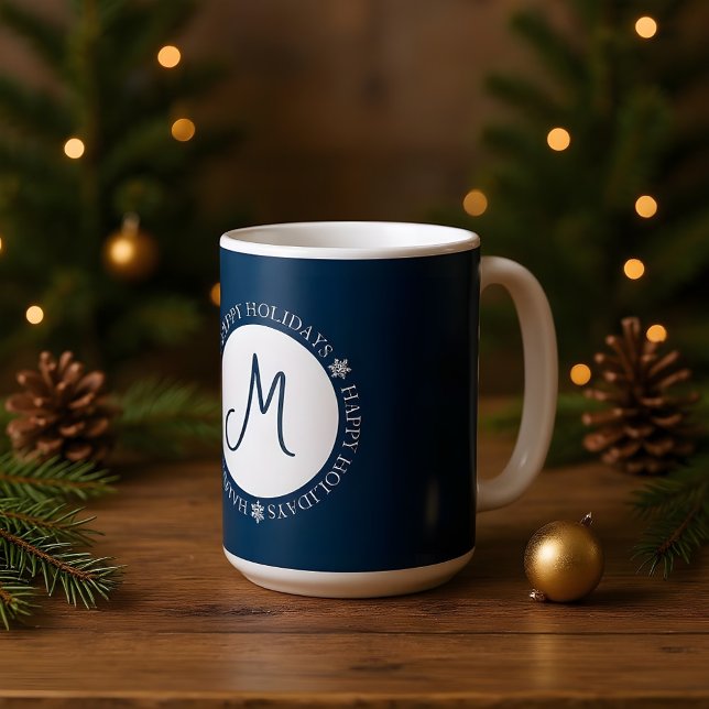 Snowflakes Happy Holidays Blue Monogram  Coffee Mug (Creator Uploaded)