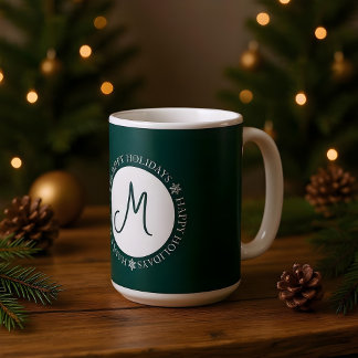 Snowflakes Happy Holidays Dark Green Monogram Coffee Mug