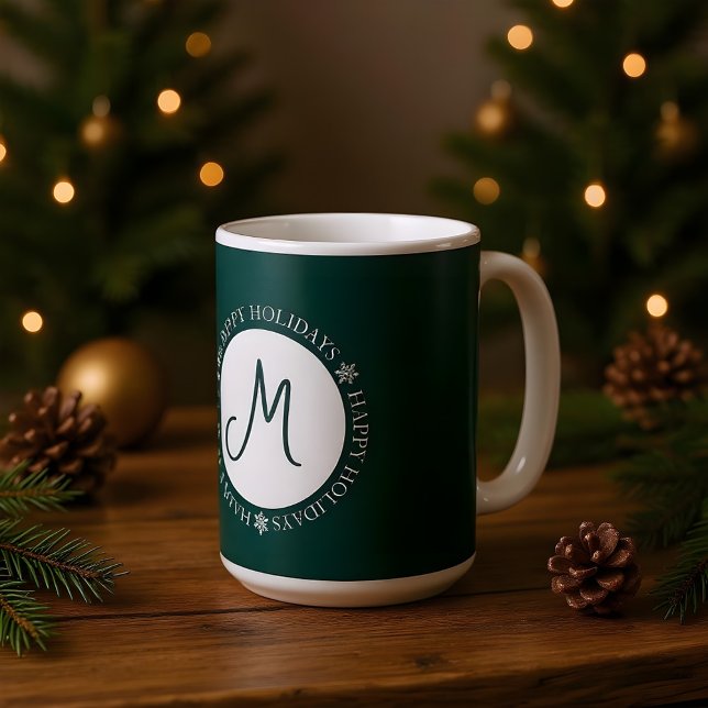 Snowflakes Happy Holidays Dark Green Monogram  Coffee Mug (Creator Uploaded)