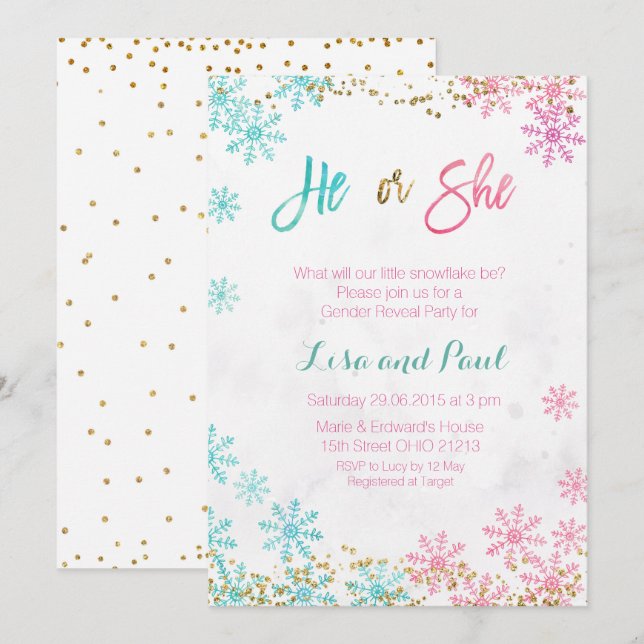 Snowflakes he or she gender reveal invitation (Front/Back)