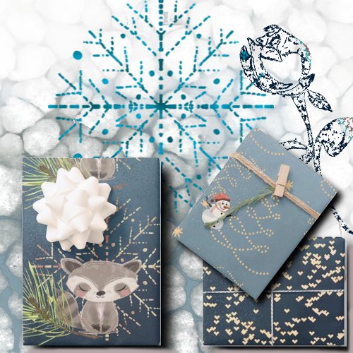 Snowflakes Hearts and fox Wrapping Paper Sheets