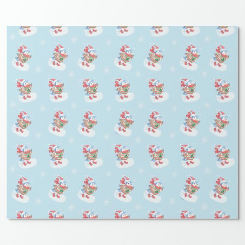 Snowflakes Ice Skating Penguin Blue Wrapping Paper