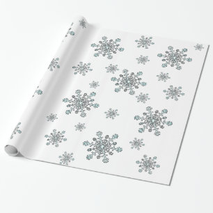 Snowflakes in Silver White and Blue on White Wrapping Paper
