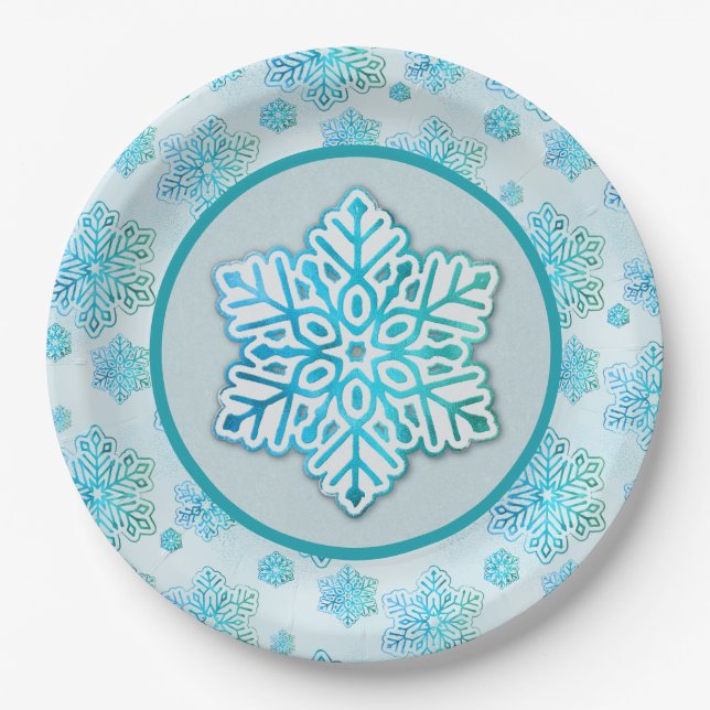 Snowflakes Iridescent Blue  Paper Plates (Front)