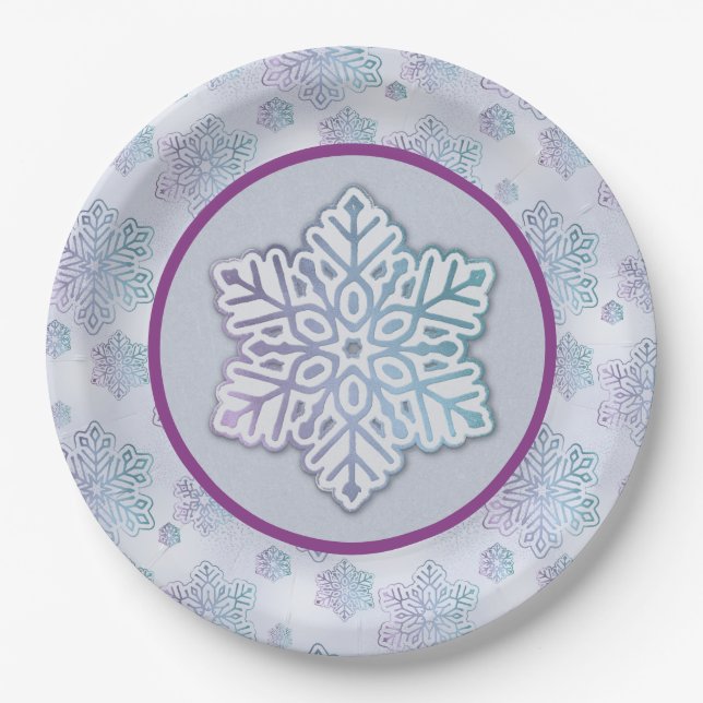 Snowflakes Iridescent Blue & Purple Paper Plates (Front)