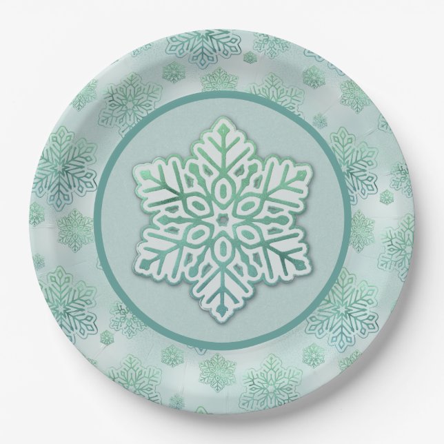 Snowflakes Iridescent Winter Green  Paper Plates (Front)