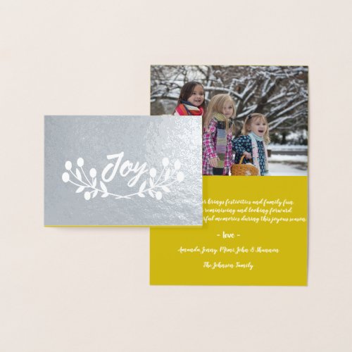 Snowflakes Joy Script Photo Silver Gray White Foil Card